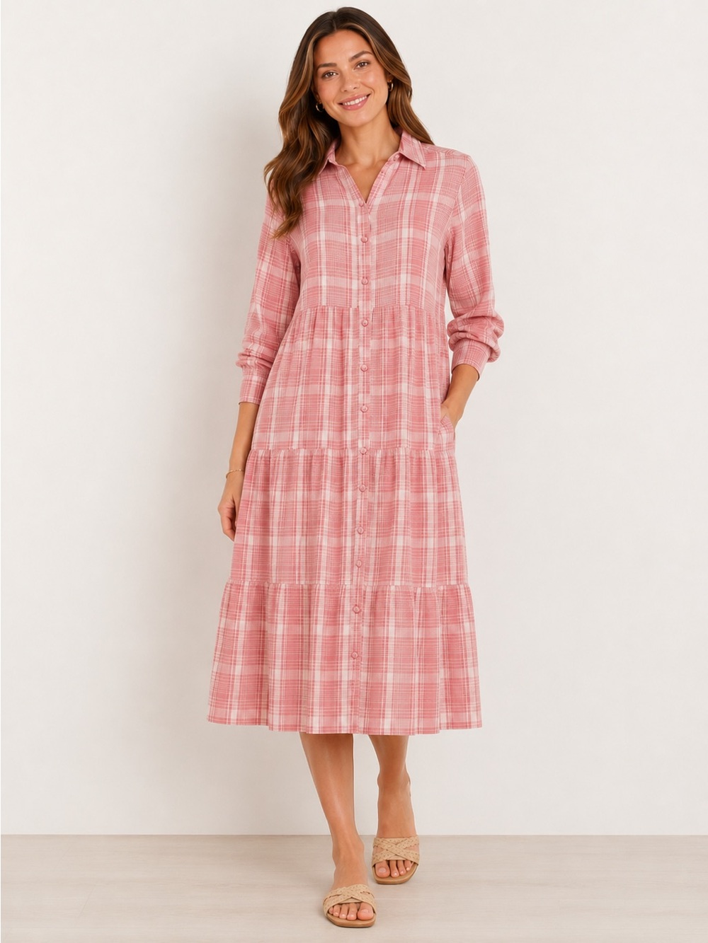 Button-Front Pink Plaid Tiered Shirt Dress